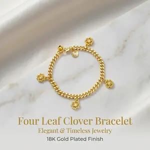 FOLYSTUY 24k Gold Filled Cuban Bracelet for Women Four Leaf Clover Charm Adjustable Luxury Jewelry Gift