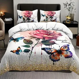 Butterfly & Rose Print Bedding Set, 3 Counts/set Including 1 Duvet Cover & 2 Pillowcases without Filler, Soft Comfortable Bedding Set for Home Bedroom Hotel, Machine Washable Duvet