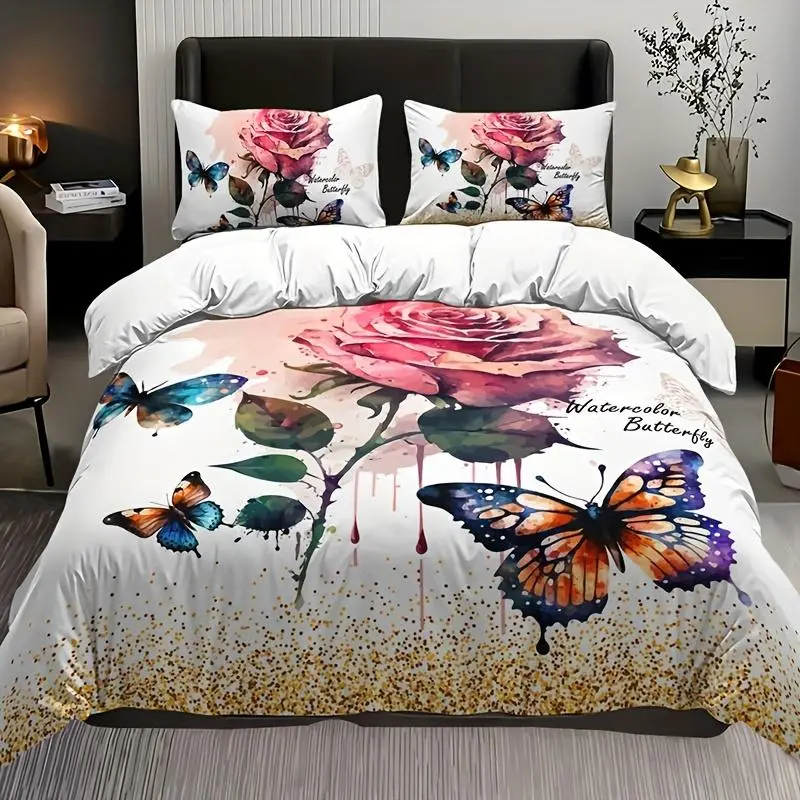 Butterfly & Rose Print Decorative Bedding Set, 3 Counts/set Including 1 Duvet Cover & 2 Pillowcases without Filler, Soft Comfortable Printed Bedding Set for Home Bedroom Hotel, Machine Washable Duvet, Breathable Duvet Set