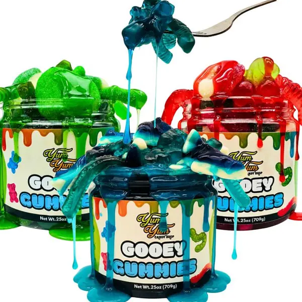 Yum Yum Gooey Gummies Blue Raspberry Wild Cherry Green Apple Sour Ooze Chewy Fruity Punch Snack