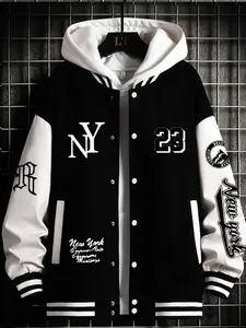 Men's Casual Letter Ny-23 Print Baseball Jacket, Fitted Geometric Design, All Seasons Wear, Versatile Net Version, Street Fashion Outerwear