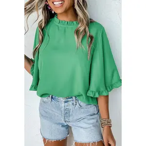 Frill Round Neck Wide Half Sleeve Blouse