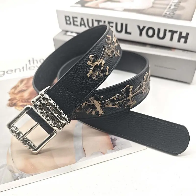 Gothic Cross Leather Belt with Engraved Silver Buckle Y2K Punk Streetwear Unisex Adjustable