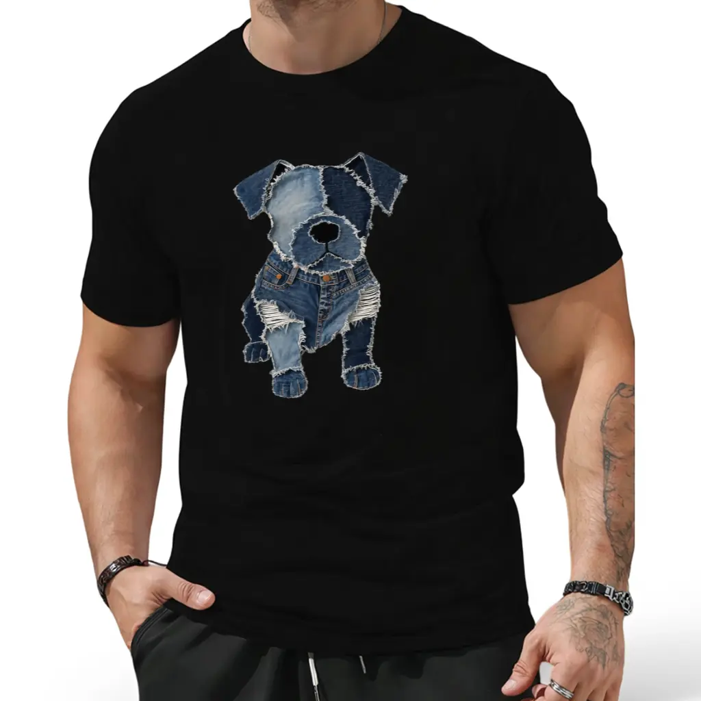 Men'S Vintage Retro Denim Dog Graphic T-Shirt - Denim Patchwork Design, Heavyweight 100% Casual Everyday Shirt for Men, Retro T Shirt, Relaxed Fit Apparel