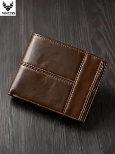 VINCESS Men's Genuine Leather Short Wallet, RFID Blocking, Multi-Card Holder, Coin Pocket, Casual Style, All Seasons Gift, Leather Bifold Wallet, Leather Wallets