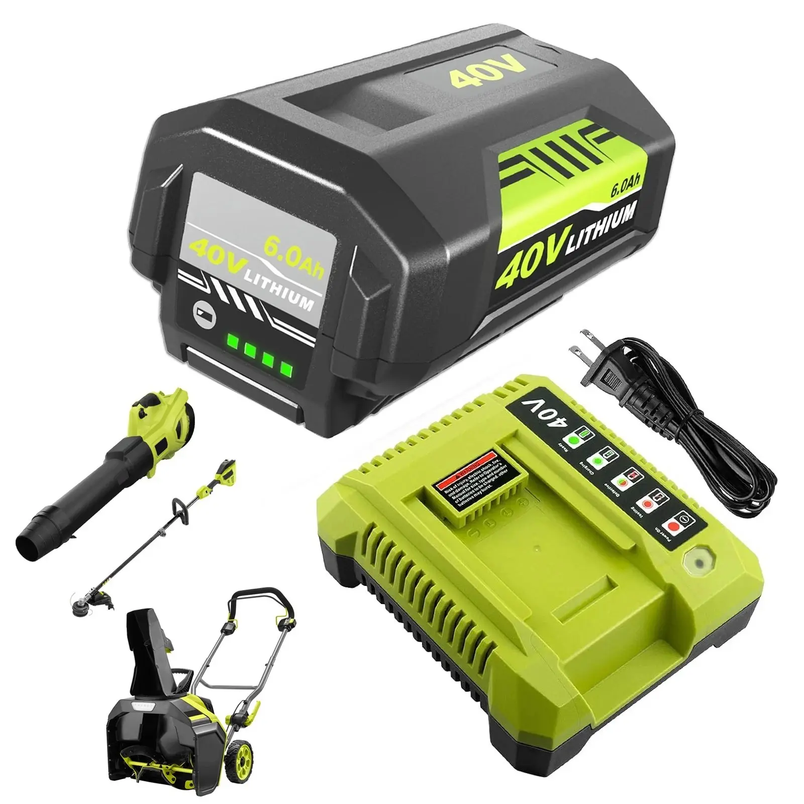 40V 6.0Ah (6000mAh) Lithium High Capacity Replacement Battery + OP401 Heavy-Duty Rapid Charger, Compatible with Ryobi 40V Power Tools OP4026 OP40602 OP4050A OP4040 OP4030, High Capacity Battery Cordless Tool Accessories