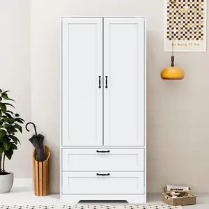 Wooden Wardrobe, Wooden Clothing Storage Cabinet With Two Doors And TwoDrawers, Suitable For Bedroom, Living Room, White, Black