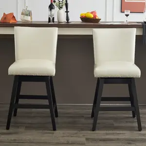 Upholstered Swivel Bar Stools Set of 2, Modern PU Leather High Back Counter Chairs with Nailhead Trim and Wood Frame, for Kitchen Island & Home Bar, Cream White