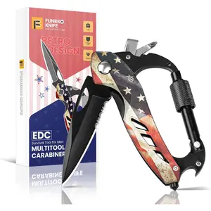Multitool Carabiner Knife Tools for Men, Cool Gadgets Survival Gear with Folding Knives, Bottle Opener, Window Breaker and Screwdriver for Hiking Camping, 7-in-1 EDC Multi Tool (USA Flag)