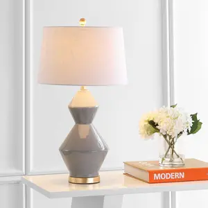 29" Ceramic Alba Geometric Table Lamp (Includes LED Light Bulb) Gray - JONATHAN Y: UL Listed, Linen Shade, Metal Base