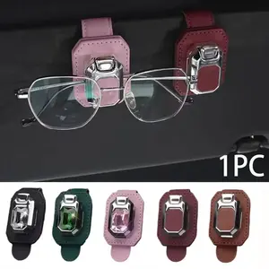 Car Sunglasses Holder, Nappa Leather Eyeglasses Clip with Bling Crystal, Universal Sun Visor Glasses Mount for Car
