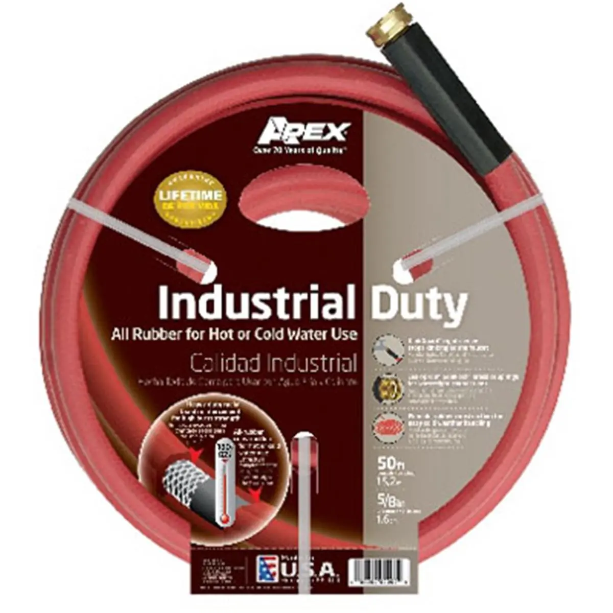 Apex 8695-50 Industrial Rubber Hose, 0.63 in. x 50 ft., Red, Brass Couplings, Double Reinforced, High Burst Strength, Hot Water Use Up to 180°F