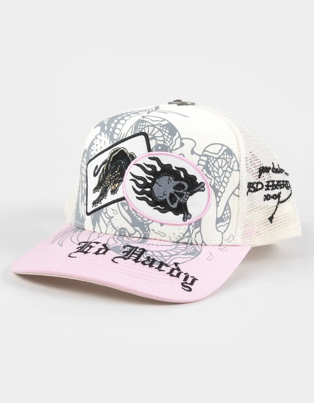 ED HARDY Panther Patch Womens Trucker Hat, Pink Combo ED HARDY Panther Patch Womens Trucker Hat, Pink Combo
