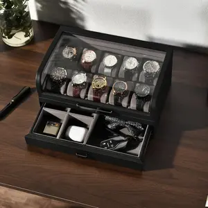 Large Watch Display Case with Drawer, 10 slot Watch Box for Men, Custom Engraved Black Leather Watch Storage Box Organizer with Acrylic Top Accessory Gift