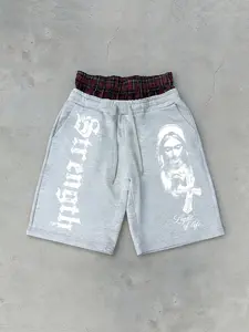 Y2K Gothic Graphic Print Streetwear Fashionable Men's Shorts, Vintage Plaid Elastic Waist Drawstring Fleece Shorts, Casual Fashion Knee-Length Summer Shorts