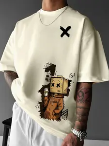Men's Large Size Paper Box Head Cartoon Graphic Print T-Shirt, Street Style Casual Loose-Fit Tee, Urban Fashion for City Lovers, Streetwear, Menswear