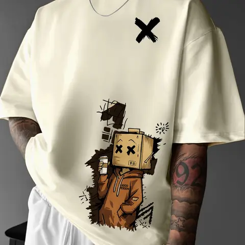 Men's Large Size Paper Box Head Cartoon Graphic Print T-Shirt, Street Style Casual Loose-Fit Tee, Urban Fashion for City Lovers, Streetwear, Menswear