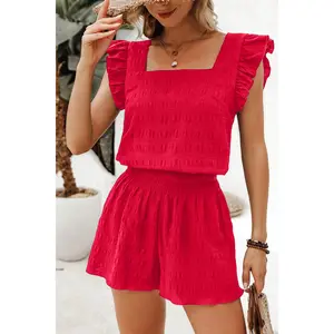Fiery Red Textured Square Neck Top and Shirred High Waist Shorts Set