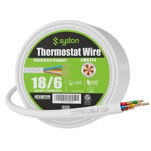 Syston 18/6 White Thermostat Wire - 18AWG 6-Conductor Solid Copper HVAC Cable (20ft-1000ft) | CL3R/CMR UL/ETL 300V Low Voltage | UV Resistant for Indoor/Outdoor Use | Compatible with Nest/Honeywell | Doorbell & Alarm Installation