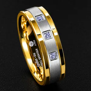 8mm Gold Tungsten Ring Brushed Cubic Zirconia ATOP Men's Wedding Band