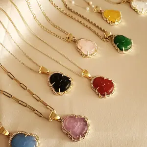 Gold Buddha Necklace with Multi-Color Stone Pendants for Women's Jewelry Collection