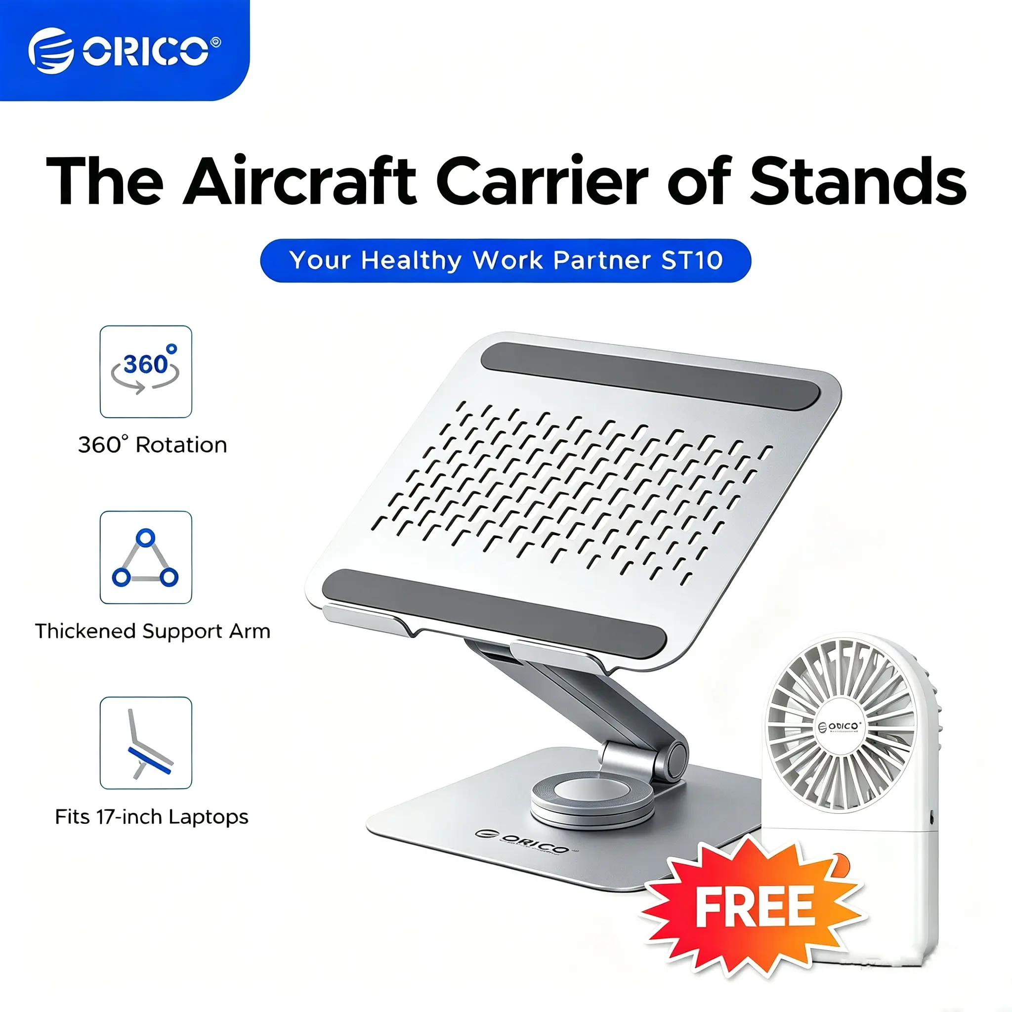 ORICO Adjustable Laptop Stand with 360° Rotating Base, Foldable Aluminum Alloy Laptop Riser for Desk, Compatible with MacBook Neo Air Pro, Dell, HP Up to 17", Ergonomic Height Angle Adjust, Max 11 lbs - ST10