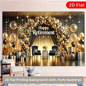 2D Flat, 1pc Elegant Retirement Celebration Backdrop Banner - Golden "Happy Retirement" Sign with Balloons & Stars, Polyester Party Decor for Home, Garden, Studio, and Outdoor Events, Retirement Party Decorations,