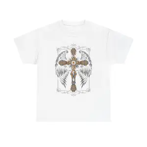 Ornate Cross with Angel Wings T-Shirt | Gothic Religious Graphic Tee