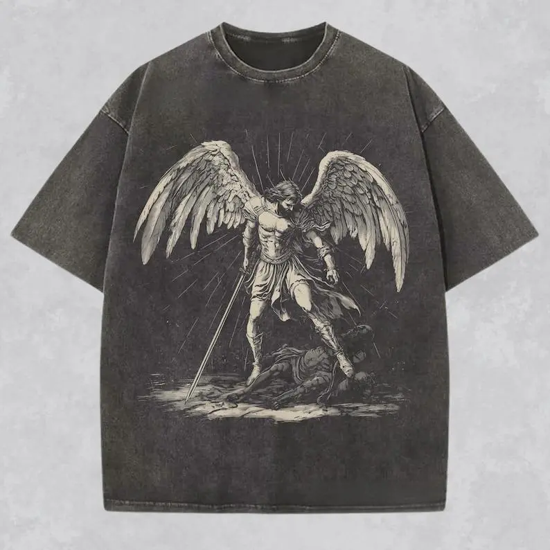 Archangel Michael Shirt Christian Streetwear Religious Gift for Him or Her Faith Apparel Comfort Tee Church Wear Catholic Clothing, Washed denim T-shirt, high quality T-shirt