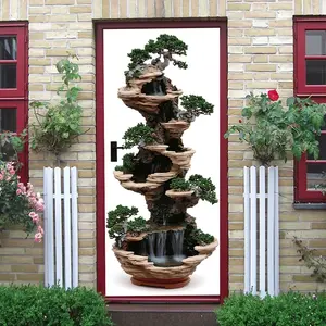 2pcs Stereo Simulated Landscape Bonsai Wall Sticker Multi Layer Rockery Waterfall Design Self Adhesive Removable Waterproof PVC Material Creative Chinese Zen Home Decor for Living Room Decoration Art Mu