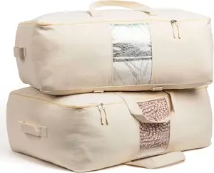 Soft Canvas Storage Bags with Zipper. Thick Breathable, 2pc King/Queen Comforter Organizer. Four Carrying Handles and Window. Large 25x19x9in Bag for Sheets Blankets Bedding Pillows, Clothes