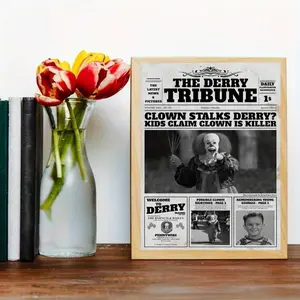 The Derry Tribune Vintage Pennywise Clown Horror Movie Newspaper Canvas Poster in Art Deco Style, An Unframed Indoor Wall Art Piece for Bedroom, Office, Living Room, Cafe, or Kitchen Ornaments.