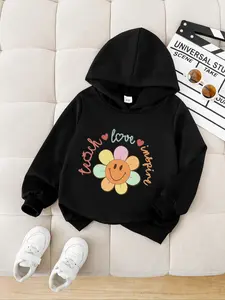 Girls' Hooded Sweatshirt with Colorful Letter Print, Soft Fabric, Casual Fitted Design, Perfect for Spring & Fall Outdoor Activities, Letter Graphic Hoodie