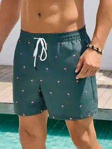 Men’s casual flamingo print beach shorts with an elastic waistband, made from comfortable, breathable fabric. Fashionable loose fit men’s shorts—ideal for vacations and relaxed home wear; a must-have for summer outings and a perfect gift choice.