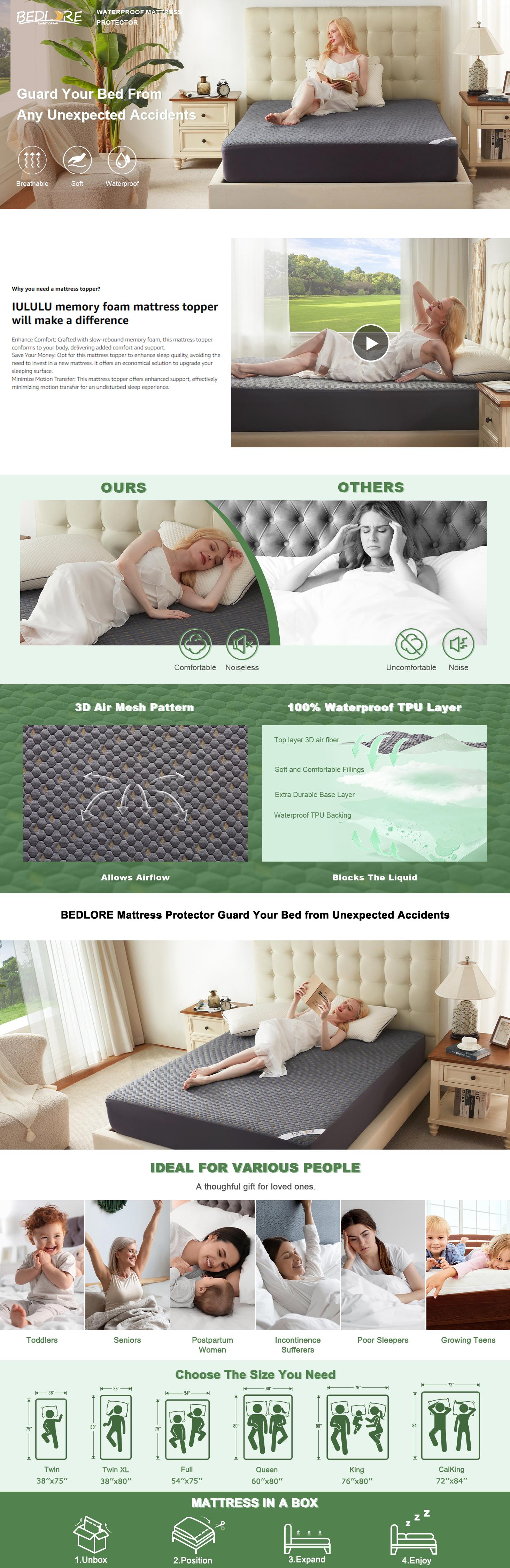 【BEDLORE】Waterproof Mattress Protector, Soft & Breathable Noiseless Mattress Cover with Deep Pockets (Fits 6–18 Inches) for Bedroom & Home Use