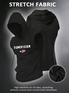 Men's Sleeveless Hooded Gym Vest, Dominican National Theme Print, Dominican Flag Pattern, Patriotic Sports Style, High Stretch Breathable Fabric, Sleeveless Gym Tops, Tight Sports Vest