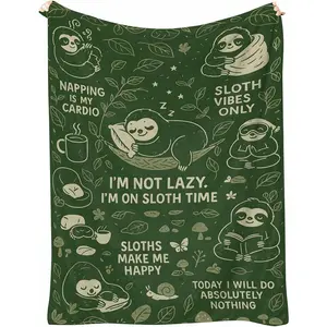 Sloth Throw Blanket - Cozy Polyester Flannel, Forest Green Cartoon Design, Soft Lightweight Couch/Bed/Dorm Throw, Cute Animal Gift for Sloth Lovers, Kids Teens Adults