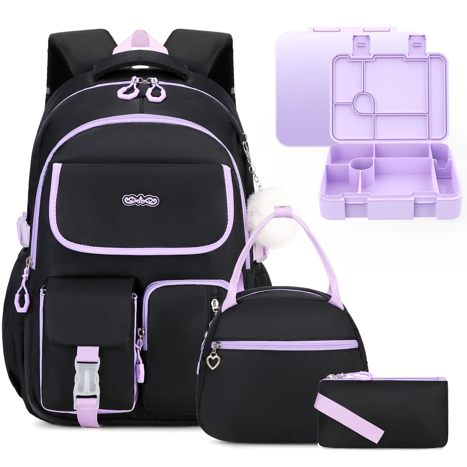 SIMILOVE Kawaii Backpack 4PCS Girls' Set - Back to School Shopping Daypacks with Bento Lunch Box, Lunch Bag, Pencil Pouch, Reflective Strips, Breathable Mesh, 17.7*12.2*7.1in Elementary-Middle School Party Gift Bag