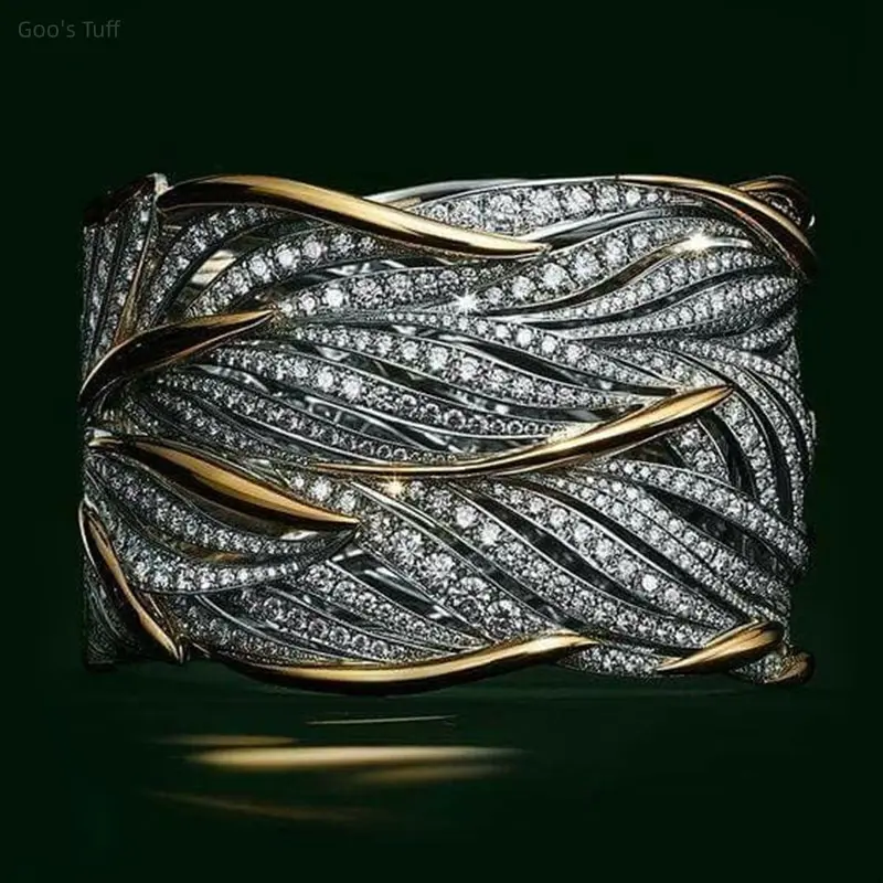 Women's Trendy Costume Jewelry 2-Tone Gold Twisted Multi-Layer Micro Pave CZ Ring, Chic Stackable Ins Aesthetic Accessory for Daily & Street Outfits