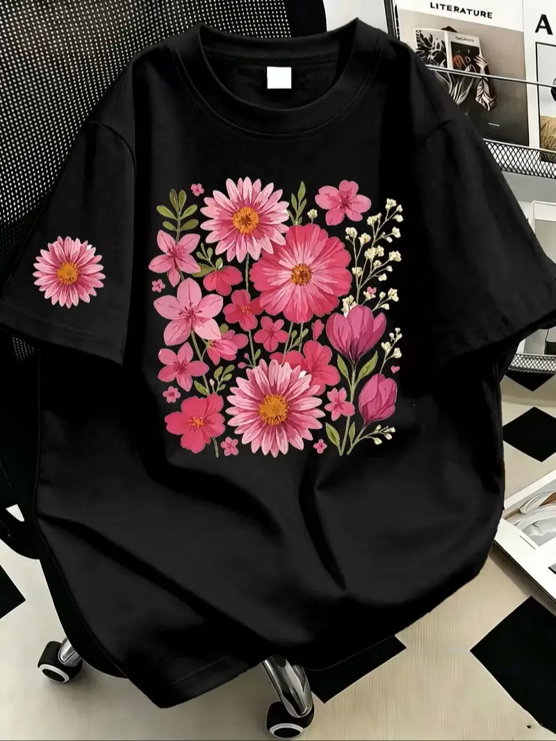 Pink Wildflower Bouquet Graphic Cotton T-Shirt, Floral Daisy Tulip Sleeve Print Casual Short Sleeve Tee