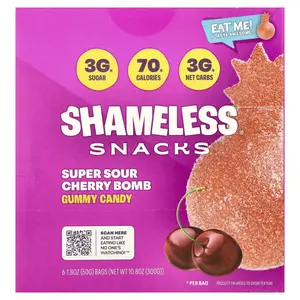 Shameless Snacks Gummy Candy, Super Sour Cherry Bomb, 6 Bags, 1.8 oz (50 g) Each