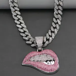 Unisex Shiny Lips Pendant Necklace with Ice Cuban Link Miami Chain, Fashion Jewelry for Party & Daily Wear, Fashion Jewelry Party
