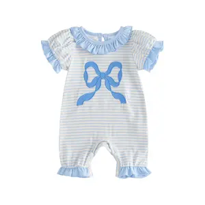 Newborn Baby Girl Summer Clothes Stripe Ruffle Short Sleeve Romper Cute Bow Embroidery Infant Onesie Jumpsuit Clothing