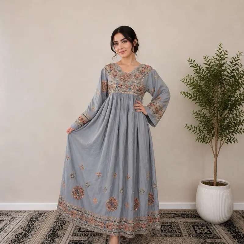 Elegant Afghan Gray Maxi Dress with Traditional Embroidery
