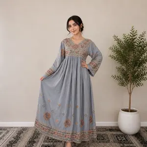 Elegant Afghan Gray Maxi Dress with Traditional Embroidery