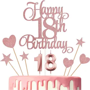 18th Birthday Cake Decorations, 18th Birthday Candles Cake Numeral Candles and Glitter Happy 18th Birthday Cake Toppers Set for Birthday Party Supplies (Rose Gold)