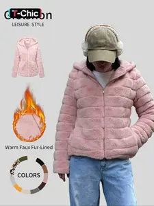 Women's Faux Fur Fabric Coat, Casual Hooded Fitted Winter Jacket with Pockets, Warm Woven Polyester Womenswear Outerwear for Fall & Winter Seasons