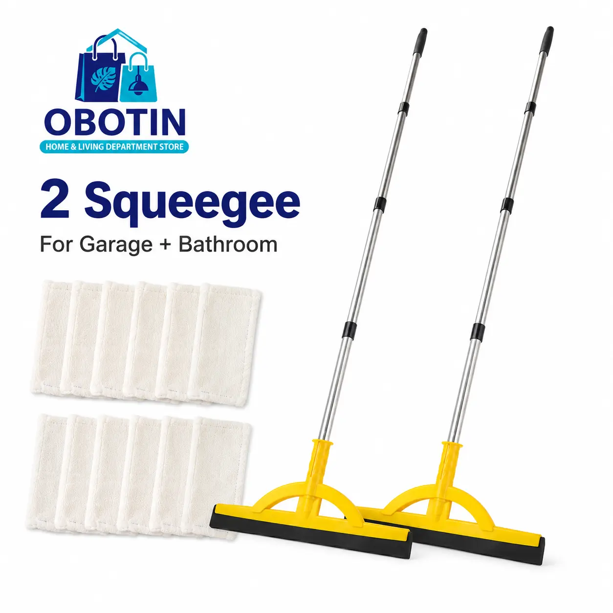 OBOTIN Heavy-Duty 2-in-1 Floor Squeegee Mop, 2-Pack Bundle, 2 Squeegees + 12 Reusable Mop Cloths, Extendable Handle, Lightweight & Durable Blade for Indoor Outdoor Cleaning, Garage, Bathroom, Patio, Pool