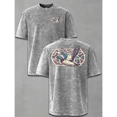 Vintage Washed Mallard Duck Camo Frame T-Shirt – Oversized Waterfowl Hunting Graphic Tee for Men, Casual Southern Outdoor Shirt, Gift for Duck Hunters & Waterfowl Enthusiasts