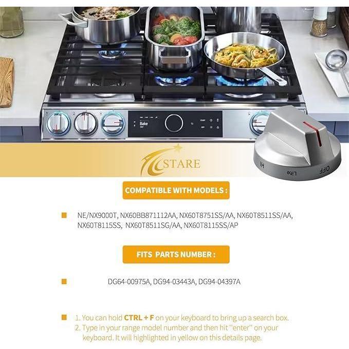 DG64-00975A Stove knobs Replacement for Samsung Stove Parts NE/NX9000T NX60T8511SS/AA DG94-03443A Oven Knobs Samsung Gas Range Parts Gray Burner Knobs Stove Control Knobs Cooktop Knobs 5 Pcs